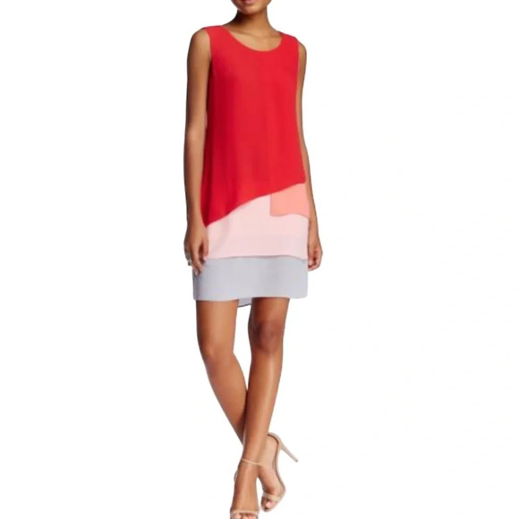 BCBGMAXAZRIA NWT Haley Chiffon ColorBlock Burnt Poppy Draped Dress Size 2 - Picture 1 of 12